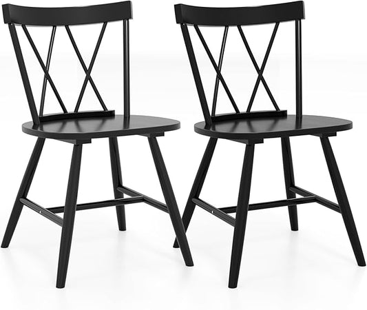 Giantex Windsor Dining Chairs Set of 2, Farmhouse Wooden Kitchen Chairs w/Cross Back, Wide Seat, Rubber Wood Frame, Armless Side Chairs for Kitchen, Dining Room, Living Room, Restaurant, Black