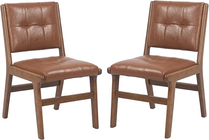 KCC Modern PU Leather Dining Chairs Set of 2, Upholstered Kitchen Chairs with Solid Wood Legs and Comfortable Seat for Dining Room/Lounge/Bedroom(Brown)