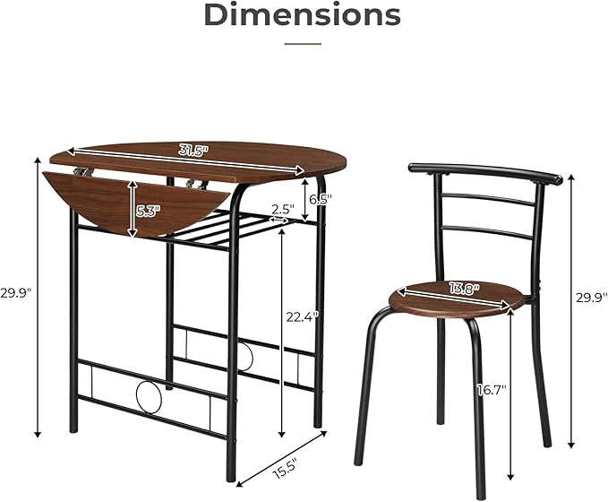 VINGLI 31.5" Drop Leaf Dining Table Set 3 Pieces for Small Space,Small Kitchen Table Set for 2,Round Folding Table with 2 Chairs for Home,Kitchen,Apartment,Black&Brown