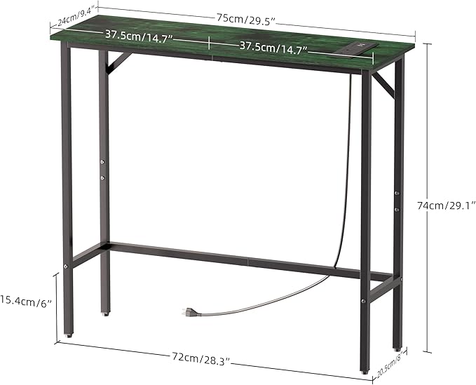 Narrow Console Table with Led Light and Charging Station，29.5" Small Entryway Table，Display Table，Entryway Hallway Thin Sofa Table Behind Sofa, Small Spaces, Living Room, Green and Black