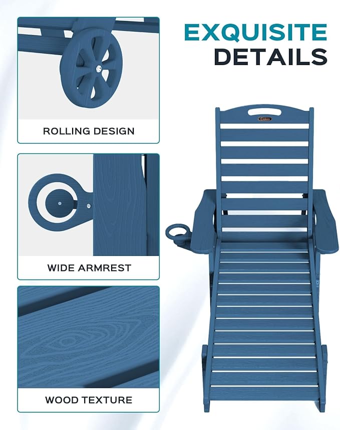 Outdoor Chaise Lounge Chair Set of 2, Patio Lounge Chairs for Outside, HDPE Lounge Chair with Wheels & Cup Holder, Poly Chair with 5 Position for Poolside, Deck, Navy Blue