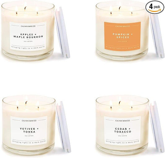 Calyan Wax Co. Fall 3 Wick Scented Candle Gift Set - 4 Luxury Autumn Scented Candles - 43 Hour Burn - 3 Wick Non Toxic Soy Wax Candles - Long Lasting Large Glass Jar Candle for Home - 14.9oz