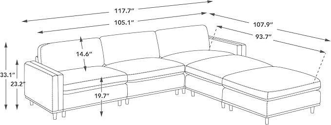 CHITA Super Large Luxury L Shape Convertible Sectional Modular Sofa, Down Filled Modern Sofa, Deep Seat Cloud Couch, 118 inch Width, 5 Seat Couch with Chaise, 2 Ottomans, Solid Wood Leg, Grey