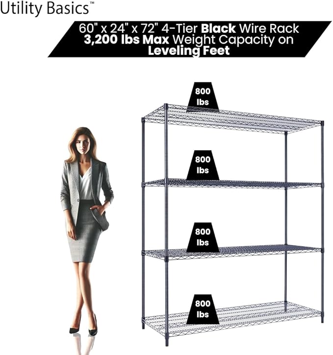 NSF Commercial 4-Tier Wire Shelving with Wheels, 60"x24"x72" Heavy Duty Metal Shelves 3200 lbs Max Capacity, Black Storage Rack for Garage Kitchen Pantry Warehouse