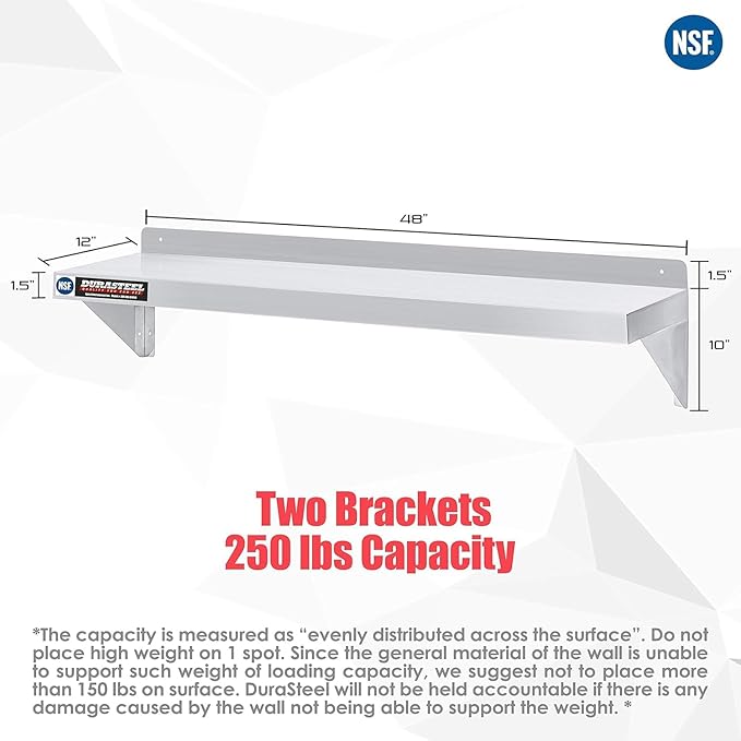 DuraSteel Stainless Steel Shelf - 48 Inch Wide x 12 Deep Commercial NSF Mounted Metal Wall Shelf Pantry Organizer Garage Storage Shelves - Rack Shelving Restaurant Kitchen Units Laundry Utility Room