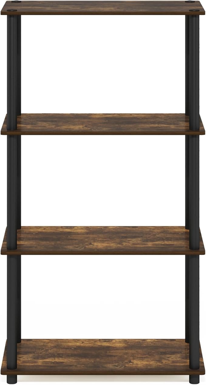 Furinno TURN-N-TUBE Storage Shelves, 4-Tier Toolless Book Shelf, Corner Shelf, Toolless Open Shelves, for Organization and Storage, Living Room, Garage, Home Office, Amber Pine