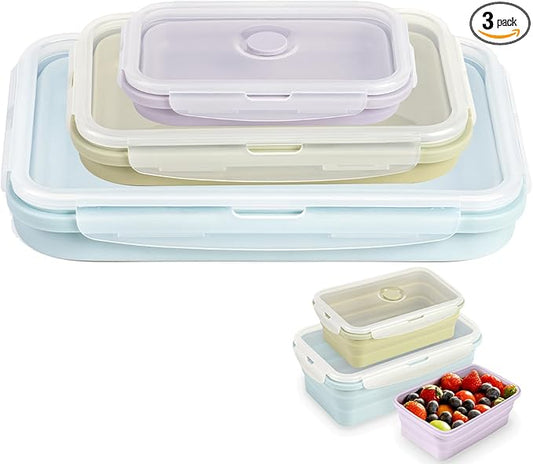 Large Collapsible Food Containers with Lids for Camping & Travel | Leak-Proof Silicone Storage Bowls,2000ml/1200ml/800ml, Dishwasher, Microwave Freezer Safe, Set of 3