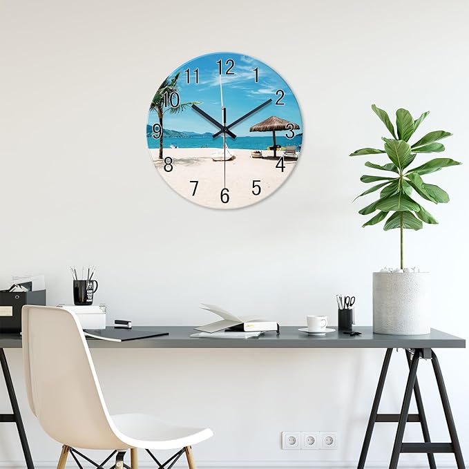 XFM Beach Wall Clock 14 Inch Silent Wall Clocks Battery Operated Blue Tropical Hawaii Coastal Wall Clock for Living Room Bedroom Home Office Decor