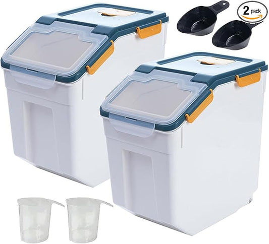 50 lbs Flour Storage Container, 2 Pack Rice Storage Container with Measuring Cup & Scoop, Pet Food Storage Container Dog Cat Food Bin, Blue