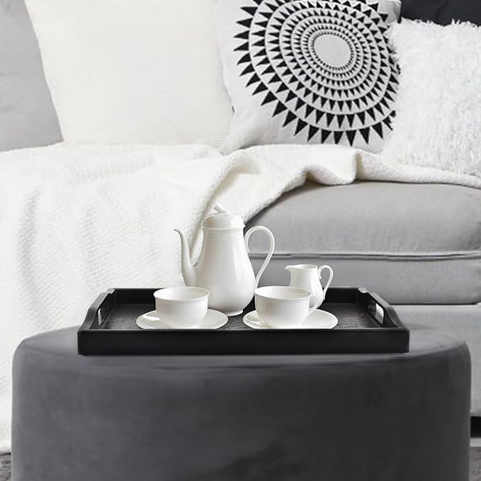 Plastic Serving Tray with Handles, 16.5" x 10.6" Rectangular Ottoman Tray for Meals, Decor or Party, Buffet, Coffee Table, Kitchen, Restaurant (Black)