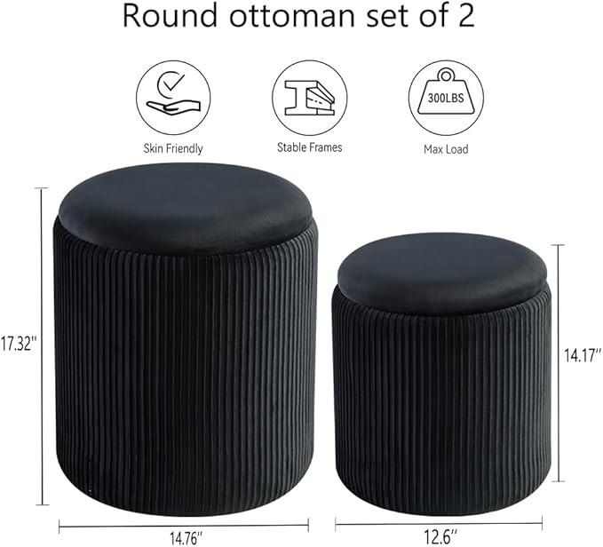 Round Ottoman with Storage Set of 2-Upholstered Sherpa Vanity Stool for Makeup Multifunctional Ottomans Coffee Table Padded Seat Foot Rest (Engineered Wood, Black-Upgrade Taray Lid)