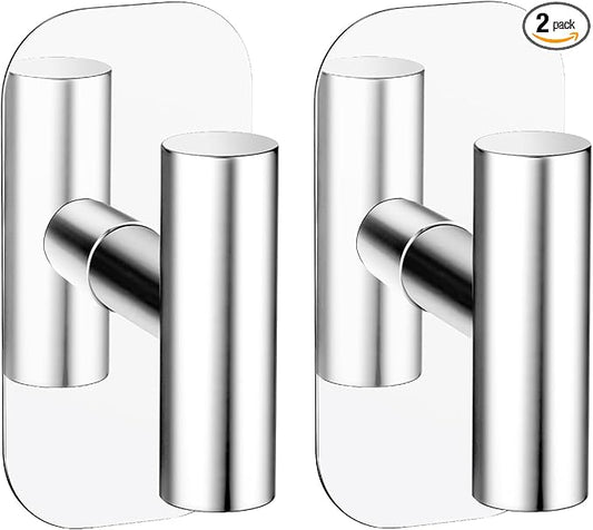Adhesive Towel Hooks for Shower,Waterproof Heavy Duty Bathroom Hooks,Wall Mounted Sticky Hangers for Coats/Aprons/Robes,No Drilling(Chrome,2 Pack)