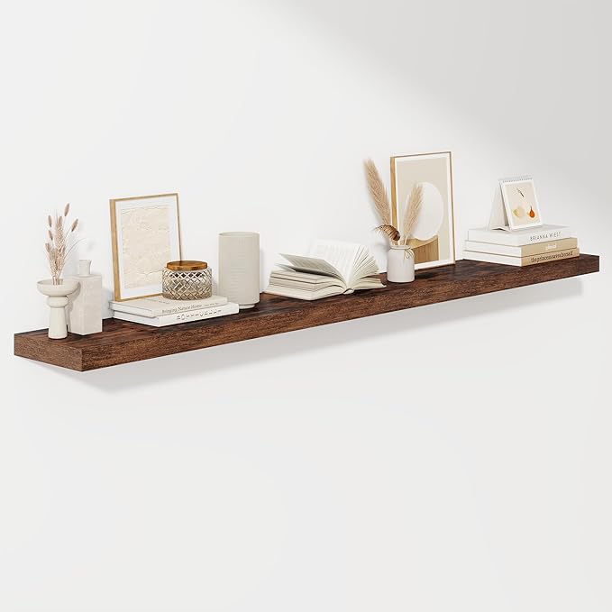 Fun Memories 72 Inch Floating Shelves for Wall, Fireplace Mantel Shelf with Invisible Heavy Duty Bracket, 8 Inch Deep Storage Shelf for Living Room, Kitchen, Farmhouse, Brown