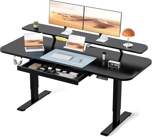 COMHOMA Electric Standing Desk with Drawers, 55 x 24 Inch Sit Stand up Desk with Monitor Stand, Laptop Stand, Height Adjustable Home Office Computer Desks with Memory Preset Controller (Ebony Black)