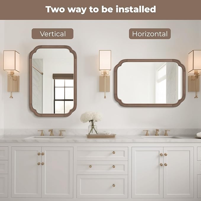 WallBeyond 20" x 30" Rounded Corner Arch Wall Mirror with Wood Frame for Entryway, Living Room or Bedroom Home Decor - Light Woodgrain [20" x 30" Walnut]