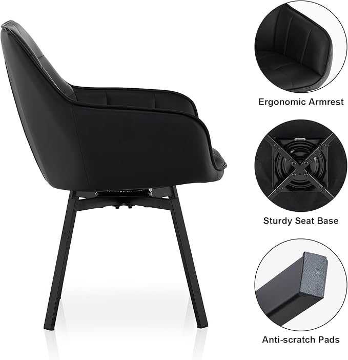 TUKAILAi Swivel Dining Chairs Set of 6, Faux Leather Upholstered Accent Dining Chairs with Metal Legs, Rotatable Armchairs Desk Chair for Home Office Kitchen Restaurant Modern (Black)
