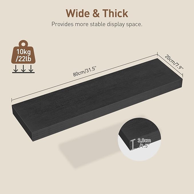 Floating Shelves for Wall, 1.5" Thick Wall Shelf Set of 3 with Invisible Brackets, L31.5 x W7.9 Hanging Book Shelves Farmhouse Home Decor for Bathroom, Living Room, Bedroom, Black 8301BJP3BK