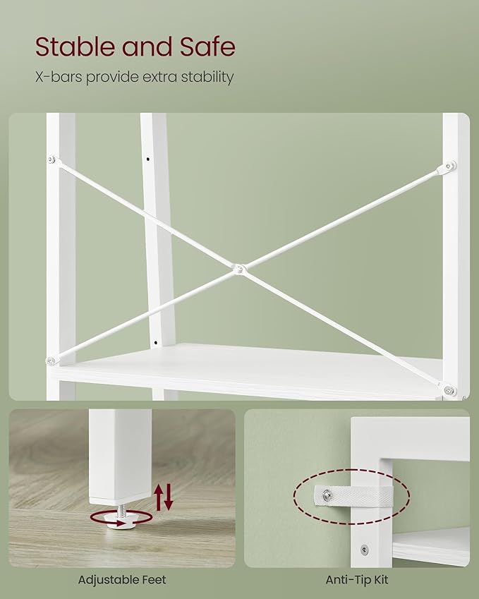 VASAGLE Ladder Shelf, 4-Tier Bookshelf, Storage Rack, Bookcase with Steel Frame, for Living Room, Home Office, Kitchen, Bedroom, Industrial Style, Maple White and Pearl White ULLS044W44