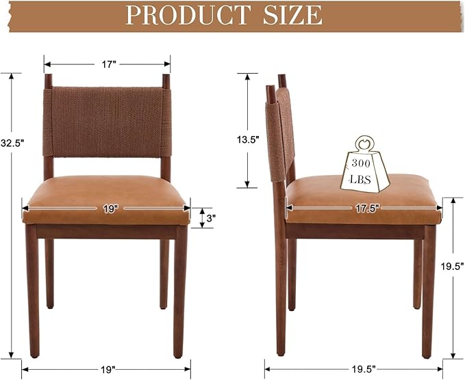 CIMOTA Brown Faux Leather Dining Chairs Set of 2, Mid Century Modern Upholstered Dining Room Chairs with Woven Back, Armless Kitchen Chairs with Walnut Solid Wood Legs, PU