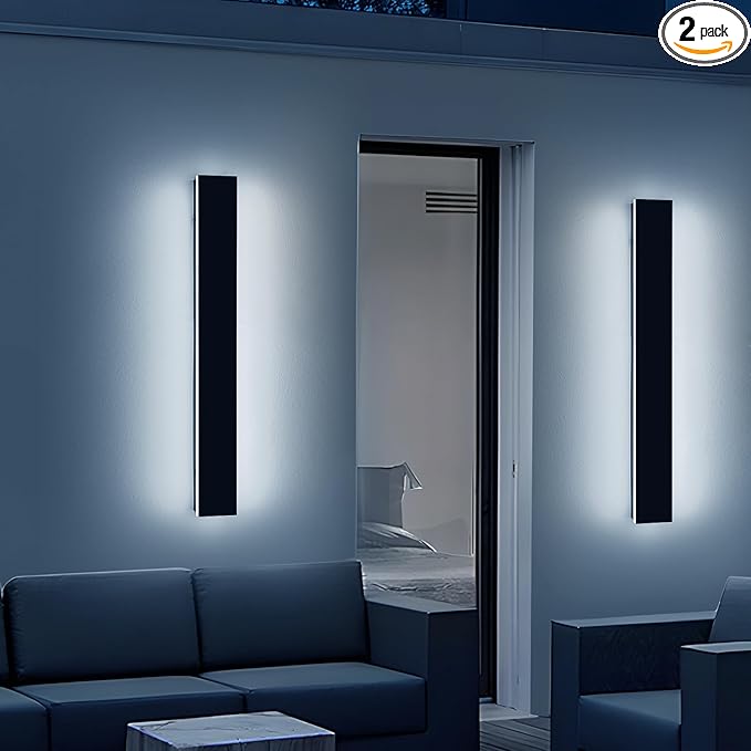 2 Pack 31.4inch Modern Outdoor LED Wall Sconce, Dimmable 3000K-6000K with Remote Control, IP65 Waterproof, Black Aluminium Long Exterior Wall Light Fixture for Porch, Patio, Garage, Yard