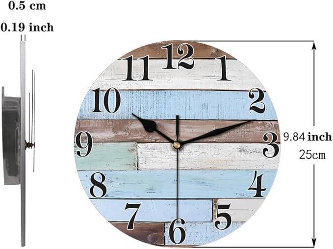 Rustic Coastal Country Wooden Wall Clock Battery Operated 10 in Round Wall Clocks Slilent Non Ticking Quartz Analog Clock for Bedroom Kids Living Room Classroom Decor