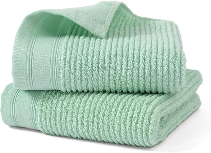 YiLUOMO Ribbed Striped Hand Towel Set of 2 Soft and Absorbent 100% Cotton Bathroom Hand Towel Decorative 13 x 29 Inch (Green)