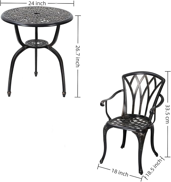 3-Piece Cast Aluminum Patio Bistro Set, Outdoor Rust-Resistant Furniture with 2 Chairs and Table (Bronze)