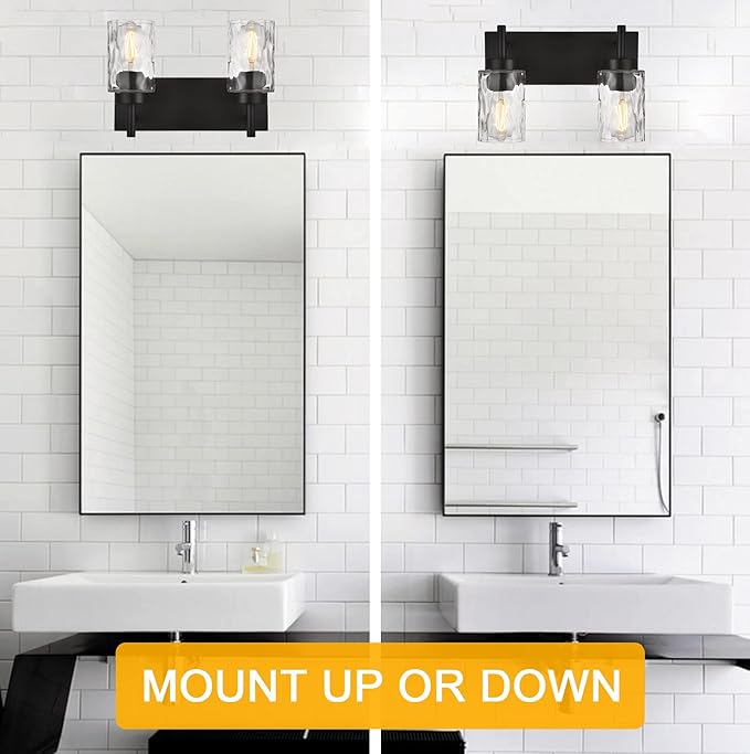 BONLICHT 2 Light Farmhouse Wall Sconce Vanity Lights Modern Black Bathroom Lighting Fixtures with Hammered Glass Shade,Industrial Porch Metal Wall Mount Lamp for Hallway Kitchen Bedroom Laundry Room