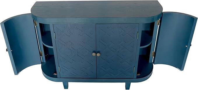 KEIKI 47'' Modern 4-Doors Buffet Sideboard with Storage,Wood Fluted Accent Cabinet with Curvy Edge, Oval Freestanding Credenza Entryway Console Table for Living Room, Hallway, Dining Room,Kitchen,Blue