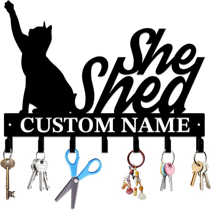 Personalized She Shed Keys Hooks,Custom Name Metal She Shed Art Keys Hooks,Metal She Shed Lover Wall Home Storage Decorative Keys Hooks,Key Holder Hooks for Wall (Style J)