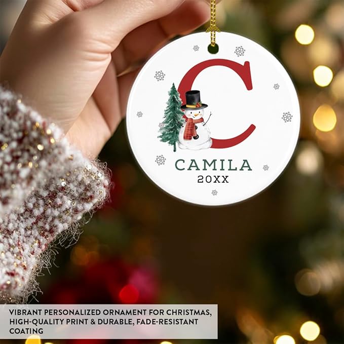 Andaz Press Personalized Christmas Ornament, Custom Name, Initial C Monogram Snowman 2.8" Ceramic Porcelain 2025 Christmas Ornament Keepsake for Kids, Boys, Girls 1-Pack Initial Ornaments