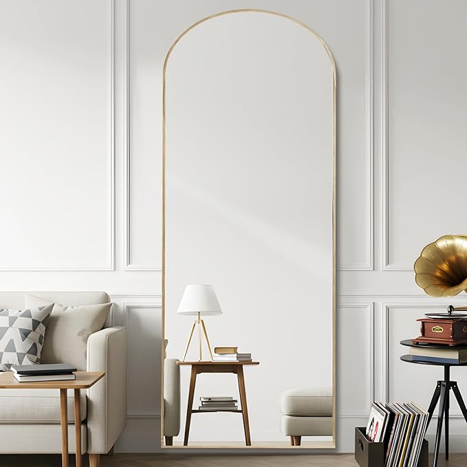 Arched 26x71 Inch Full Length Mirrors Aluminium Frame in Classic Natural Wood Looking Free Standing Floor Mirror Full Body Wall Mounted for Bedroom Living Room and Hallway