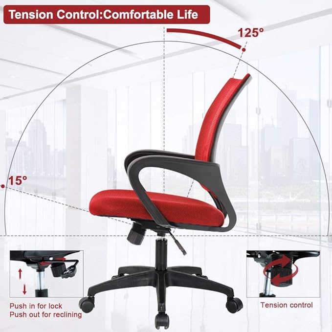 BestOffice | Ergonomic Office Chair | Mid-Back Swivel Desk Chair | Breathable Backrest & Lumbar Support | Adjustable Height | Sponge Seat | Rolling Wheels | Red | for Adults & Women