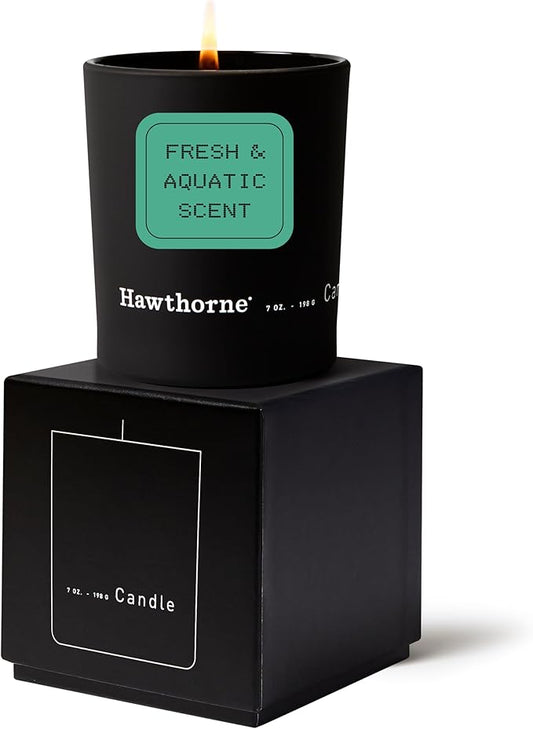 Hawthorne Fresh & Aquatic Cologne-Scented Candle. Breezy Like A Cool Gin Cocktail Out at Sea. Notes of Juniper, Pear, Sea Salt, and Cedar. Soy Blend Wax, 7 Oz., About 50 Hours of Burn Time.