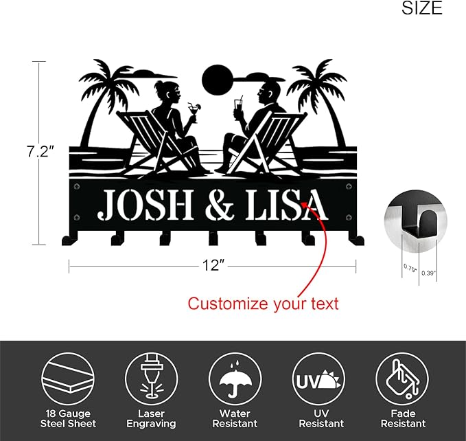 NIWAHO Personalized Beach Couple Key Holder with Name – Custom Metal Wall Mount Keys Hanger Rack with Hooks for Entryway, Front Door, Hallway, Living Room, Kitchen Decor