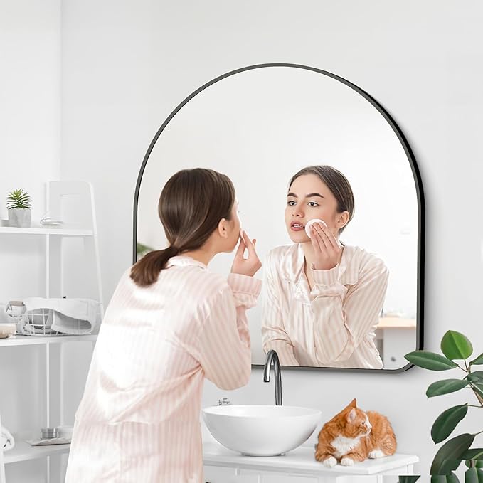 Arched Bathroom Mirror, 30"x30" Black Arched Mirror for Bathroom, Wall Mounted Mirror, Vanity Wall Mirror Metal Frame for Bedroom, Entryway, Living Room, Vertically Hanging