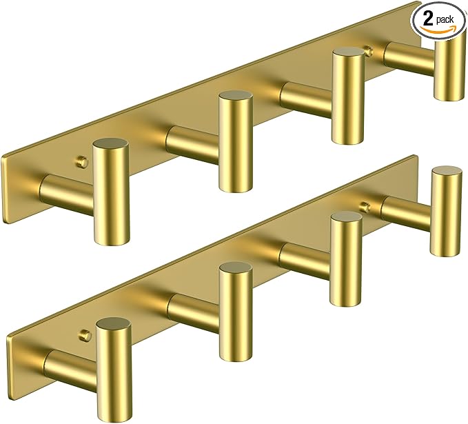 VAEHOLD Hat and Coat Wall Mount Rack - Hooks for Robes, Bags, Keys, and Towels - Bathroom Towel Hanger Organizer (Gold, “T“ Shape 4 Hooks 2 Pack)