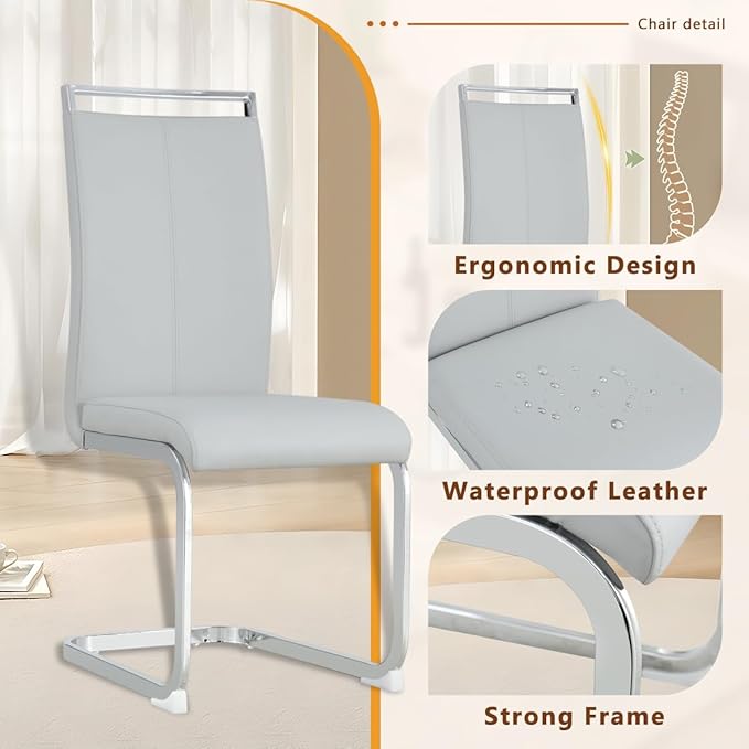 63'' Glass Dining Table Set for 4, Kitchen Table Chairs Set of 4, Clear Glass Dining Table with White unique design Leg and Silver Metal Base, 4 PU Dining Chairs with Metal Legs, Living Room, Kitchen.