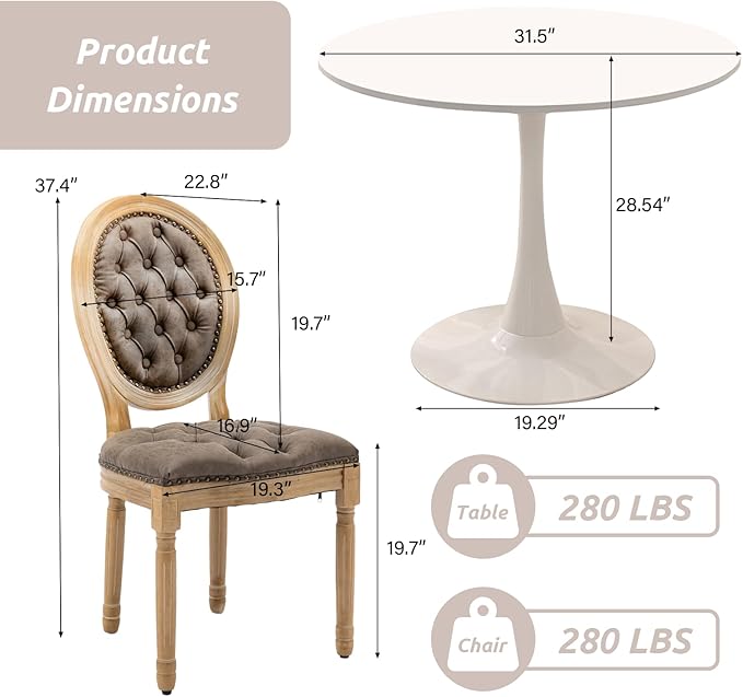 SoarFlash Kitchen Table and Chairs for 2, 31.5" Dining Table Set for 2 with French Dining Chairs, 3 Piece Round Kitchen Table Set, Dining Room Table Set for Small Space, Apartment