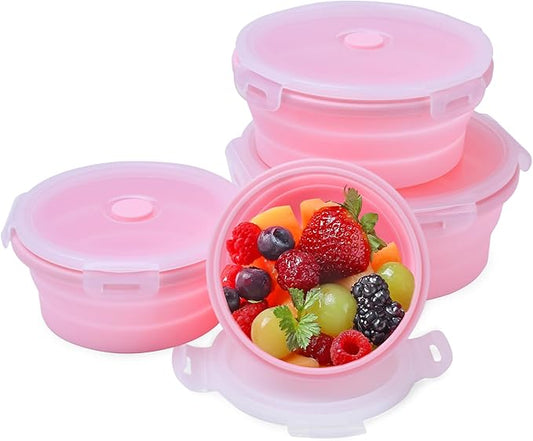 Collapsible Food Storage Containers Set, 4 Pack Round Silicone Collapsible Bowls with Lids, Silicone Lunch Container, Foldable Food Bowl for Kitchen & Camping Containers 4 Sizes