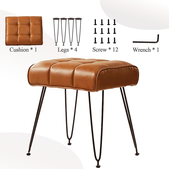 PU Leather Vanity Stools, Vanity Stool Chairs for Makeup Faux Leather Foot Stools Ottoman with Metal Leg Make up Chairs for Vanity Small Bench Seat for Living Room Bedroom (Yellow Brown)