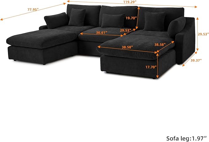 Cloud Modular Sectional Sofa Couch for Livingroom,119inch Down Filled U Shaped Couch with Wide Seat,Convertible Sectional Sofa with Ottoman,Covers Washable&Replaceable,Black