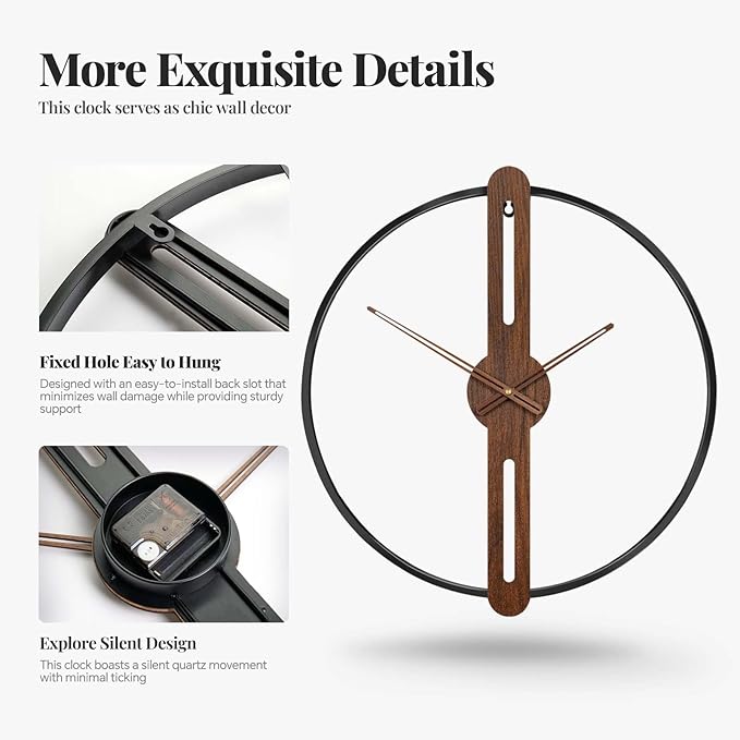 Cuspin 30 Inch Large Wall Clock for Living Room, Modern Silent Non Ticking Battery Operated Big Clock, Rustic Minimalist Wood Metal Frame Decorative Wall Clocks for Office, Bedroom, Kitchen