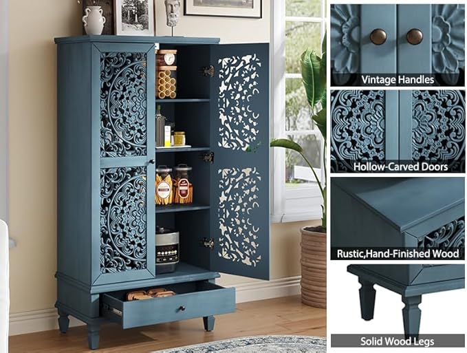 Rustic 55'' Tall Storage Cabinet with 2 Hollow-Carved Doors a Drawer, Wood Accent Cabinet with Solid Wood Legs for Living Room, Hallway, Dining Room (Antique Blue-T)