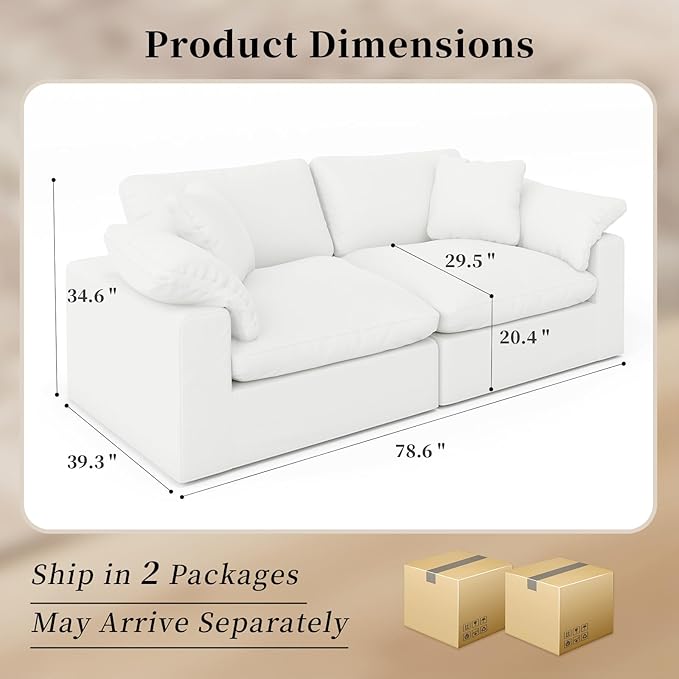 Modular Sectional Sofa Cloud Couch,78.6" Down Filled Comfy Cloud Modern Sofa,2 Seater with White Linen Couch Cushion Covers Removable Furniture for Living Room