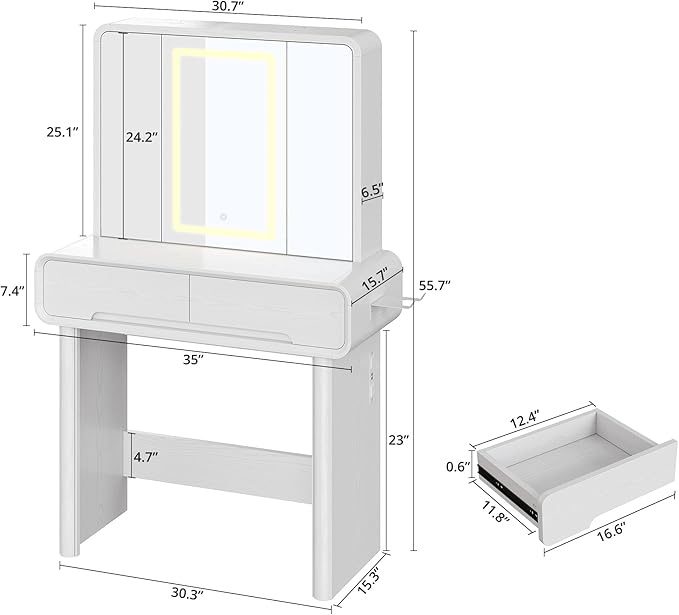 IRONCK Vanity Makeup Desk with 3-Sided Foldable LED Mirror, Create Your Glam Space with 9 Secret Storage Shelves, Built-in Charging, White Elegant Curved Dressing Table