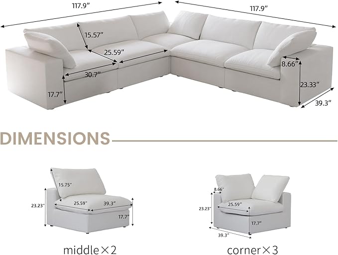 Cloud Couch Modular Sectional Sofa,160.6" Down Filled Convertible Sectional Sofa for Living Room,Modern V Shaped 5 Seater,Covers Removable & Washable, Khaki