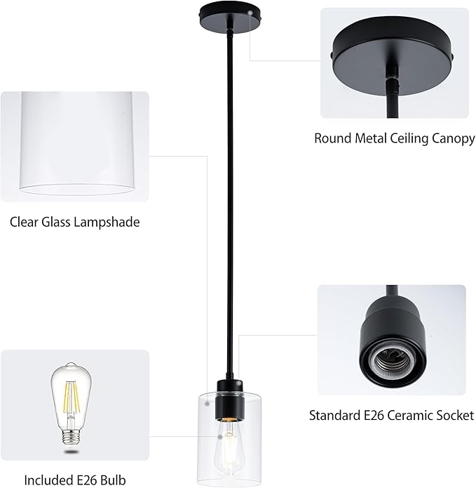 MAYNA 3-Pack Black Kitchen Island Lighting Over Table, Linear Industrial Chandelier with Glass Shades, Adjustable Rods Ceiling Lights for Kitchen, Breakfast Nook (Bulbs Included)