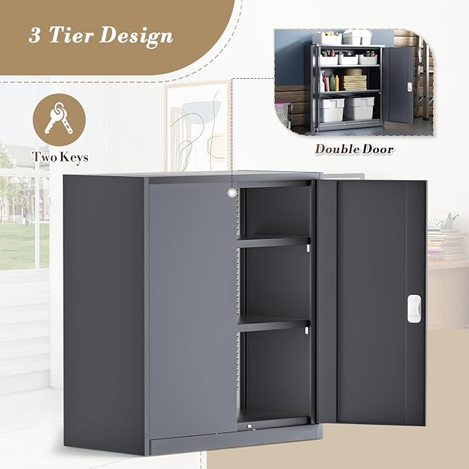 Athena Collection Metal Storage Cabinet with Doors and Shelves, 36" Garage Storage Cabinet with Lock for File, Home, Office, School, Garage, Grey