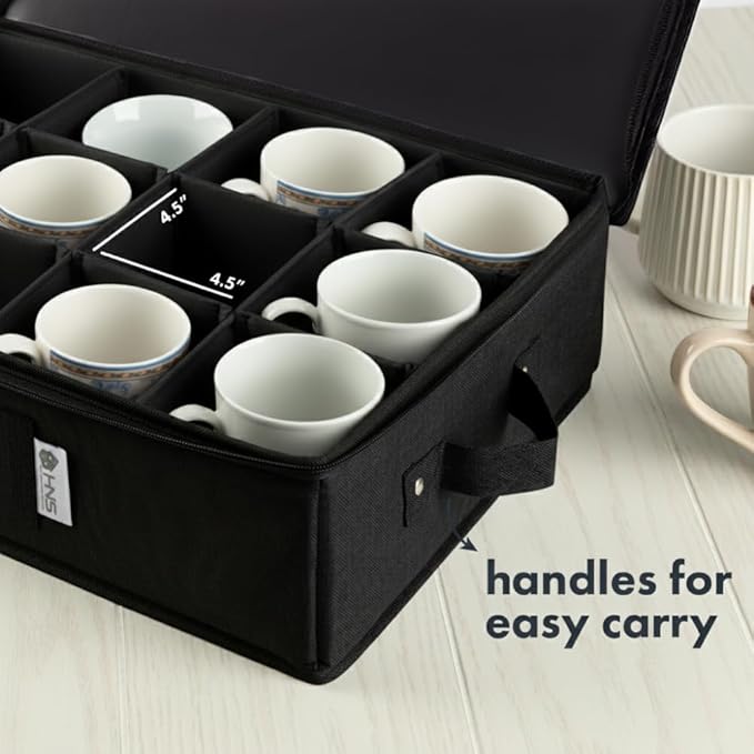 Hard Shell China Storage Containers 5-Piece Set Moving Boxes for Dinnerware, Glasses, Plates, Mugs and Saucers Sturdy Dish Organizer with Dividers for Seasonal Storage - Service for 12 - Black Quilted